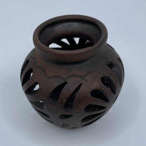 Hand engraved open work floral ceramic vase dark brown	small 3.5" - Picture 3 of 11